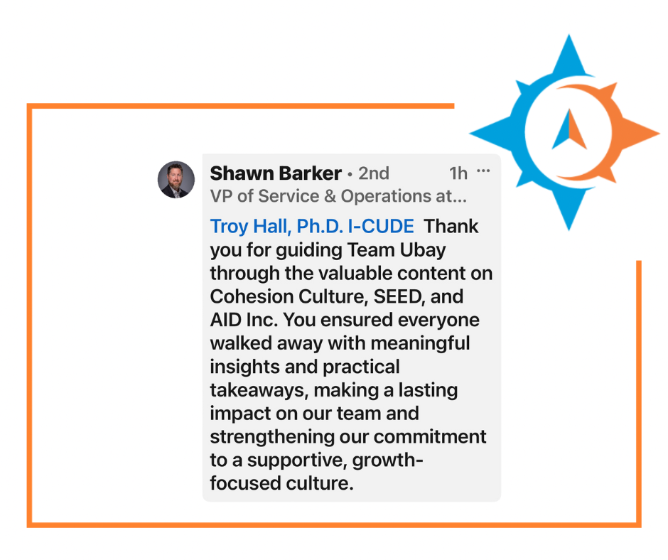 Testimonial - Thank you for guiding Team Ubay through the valuable content on Cohesion Culture, SEED, and AID Inc. You ensured everyone walked away with meaningful insights and practical takeaways, making a lasting impact on our team and strengthening our commitment to a supportive, growth-focused culture.